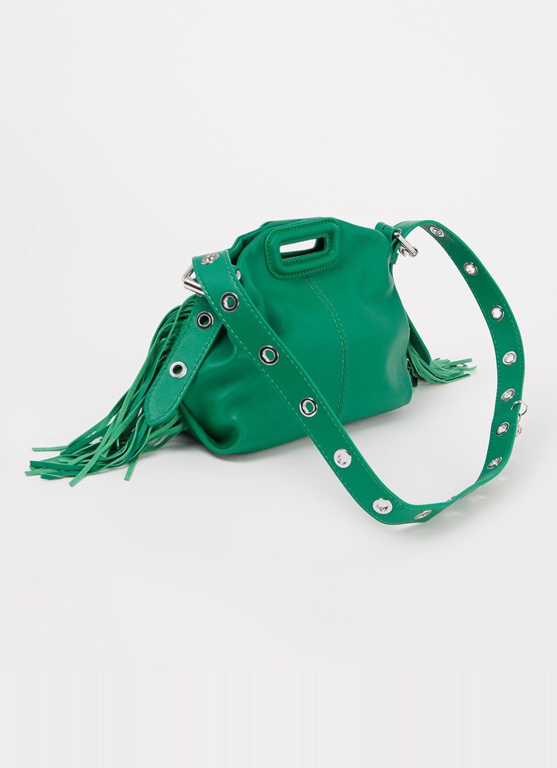 Maje Mini Miss M handtas van schapenleer met franjes - achterkant groen