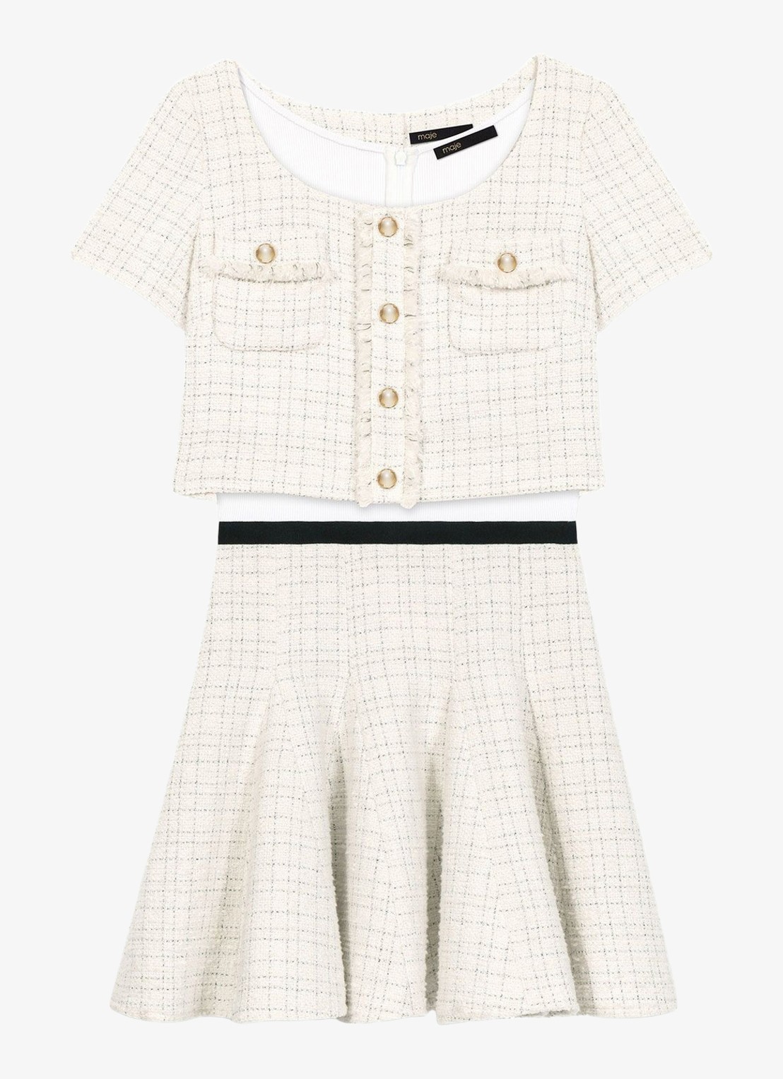 Maje Mini rok en cropped vest van tweed - voorkant 6 beige
