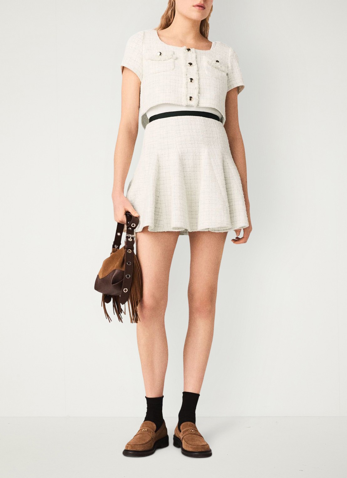 Maje Mini rok en cropped vest van tweed - voorkant 7 beige