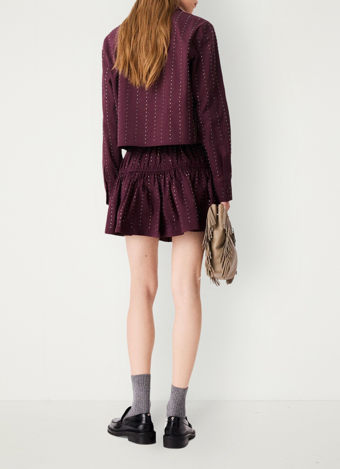 Maje Mini rok met lurex - achterkant bordeauxrood