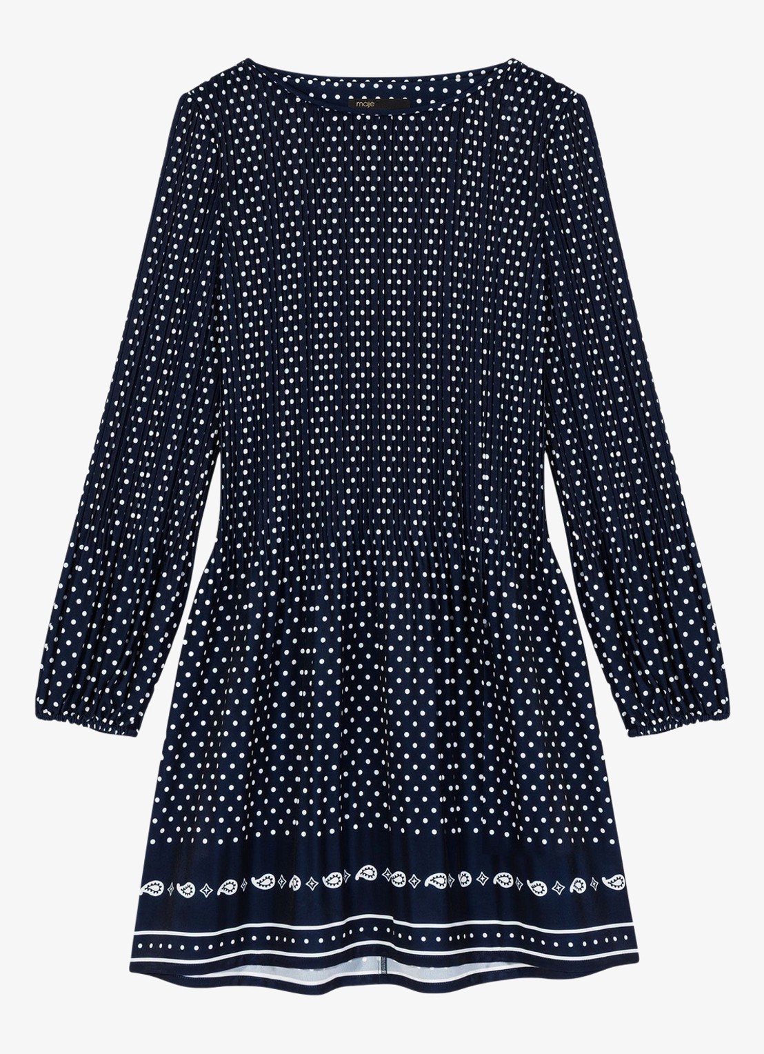 Maje Mini tuniekjurk met smockwerk en stippenprint - voorkant 6 donkerblauw