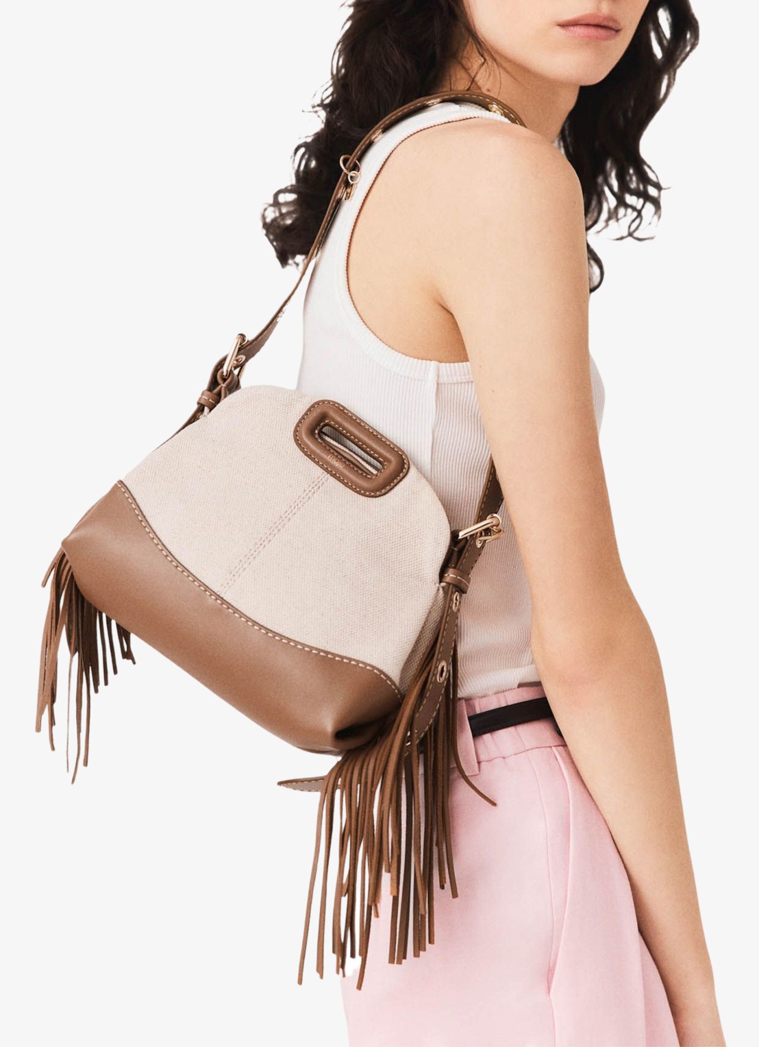 Maje Miss M Mini tas van canvas en leer - voorkant 7 moca / wit