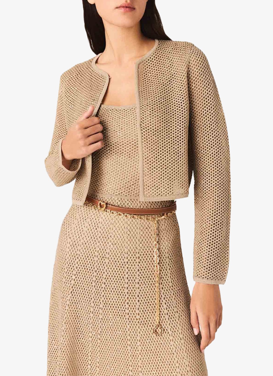 Maje Opengebreid vest met pailletten - detail 4 beige