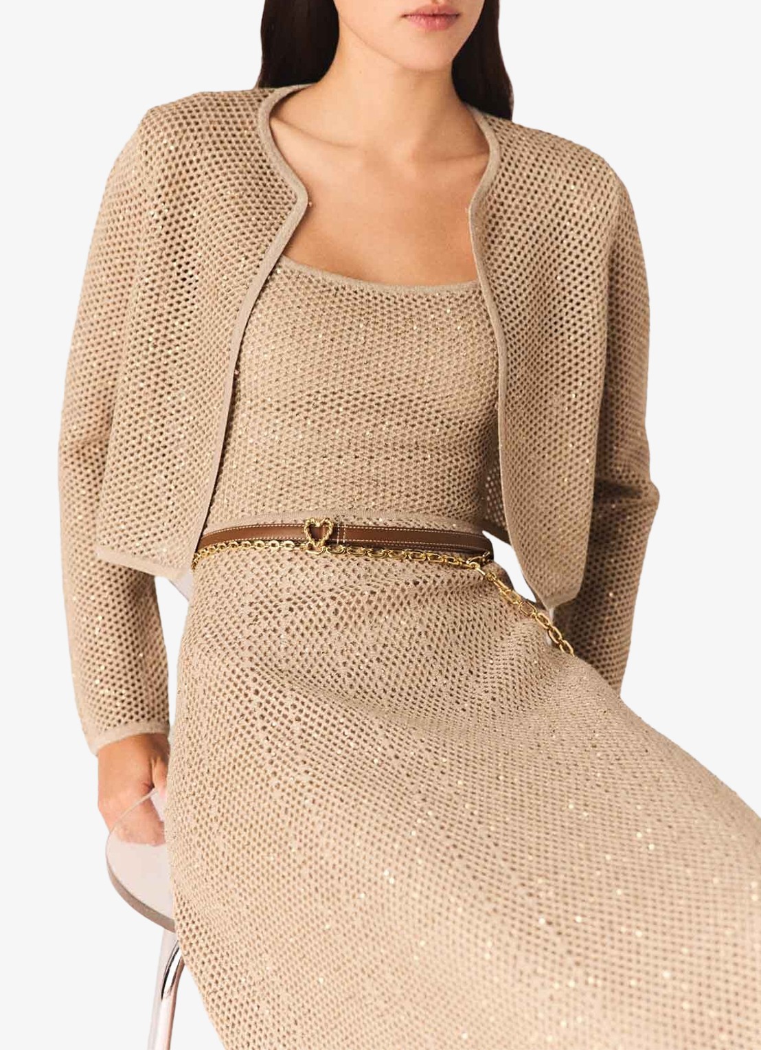 Maje Opengebreid vest met pailletten - detail 6 beige