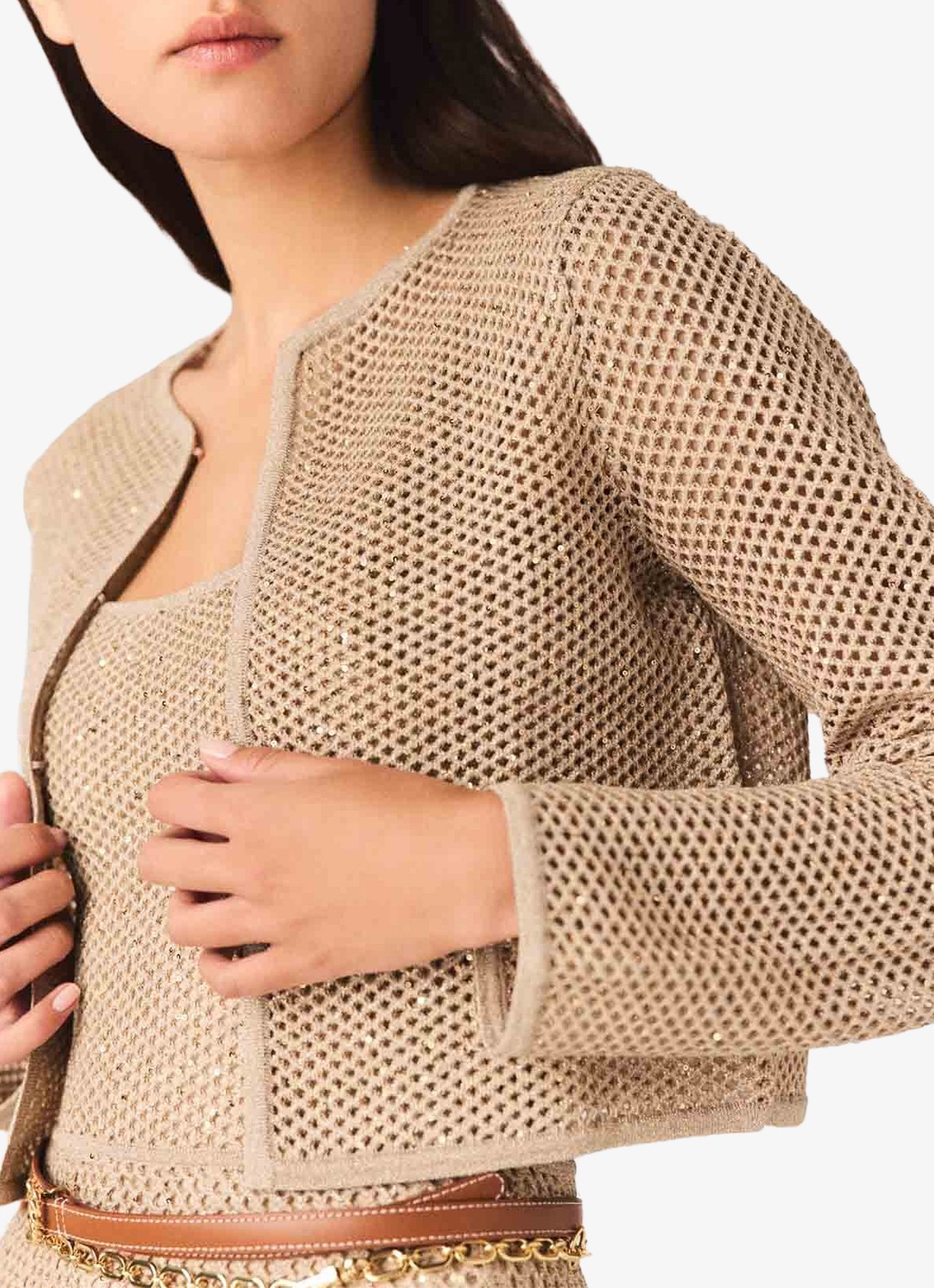 Maje Opengebreid vest met pailletten - detail 7 beige