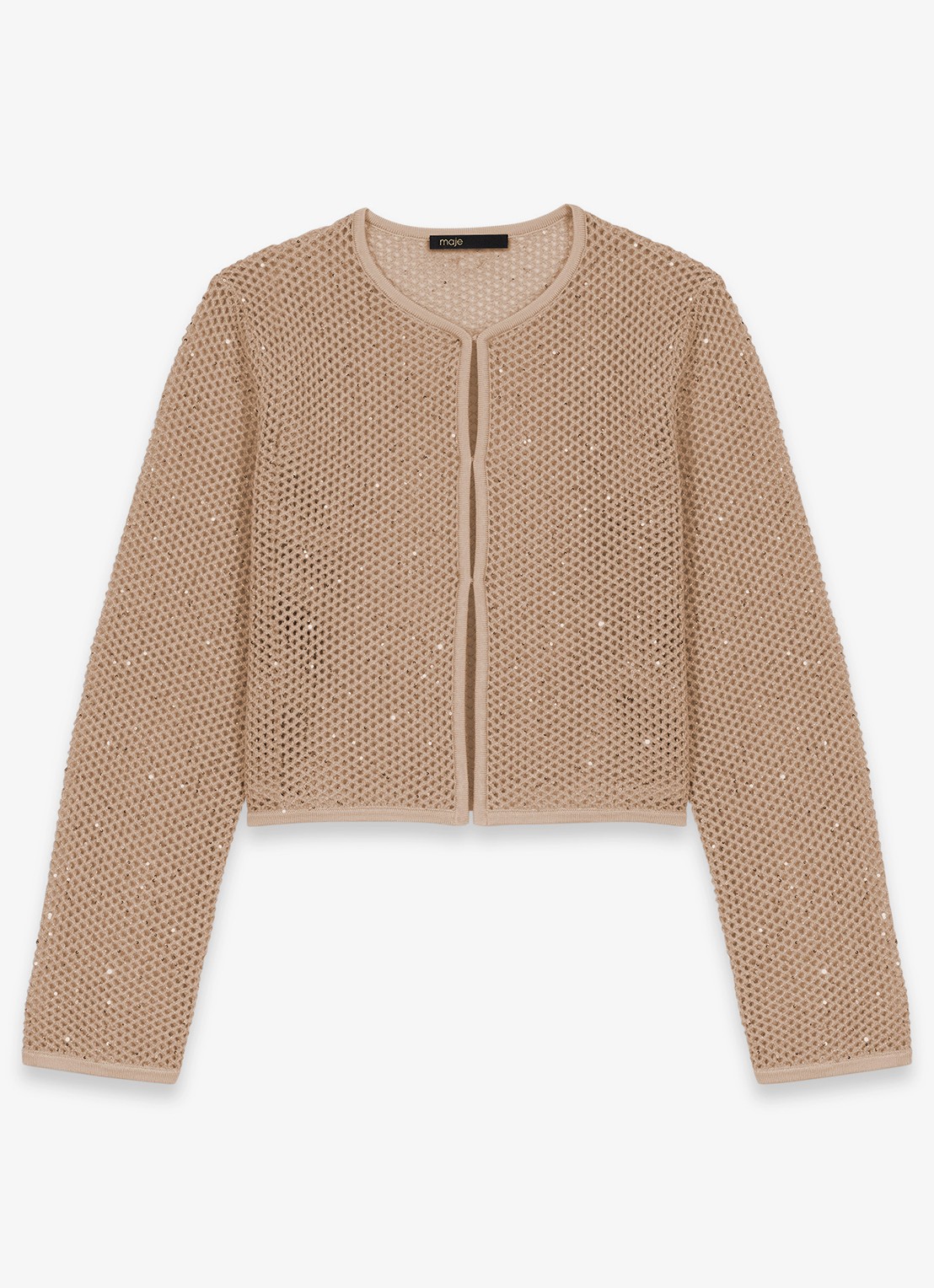 Maje Opengebreid vest met pailletten - voorkant beige