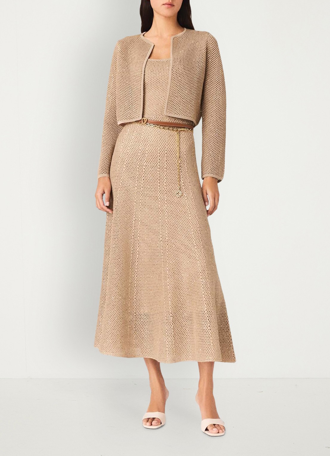 Maje Opengebreid vest met pailletten - voorkant 2 beige