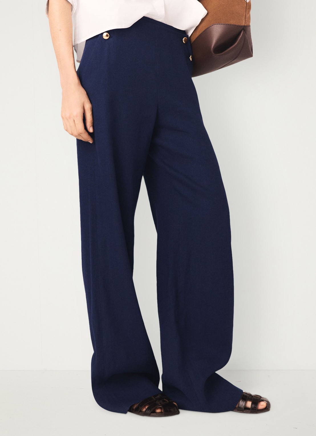 Maje Palin high waist loose fit pantalon in linnenblend - detail donkerblauw