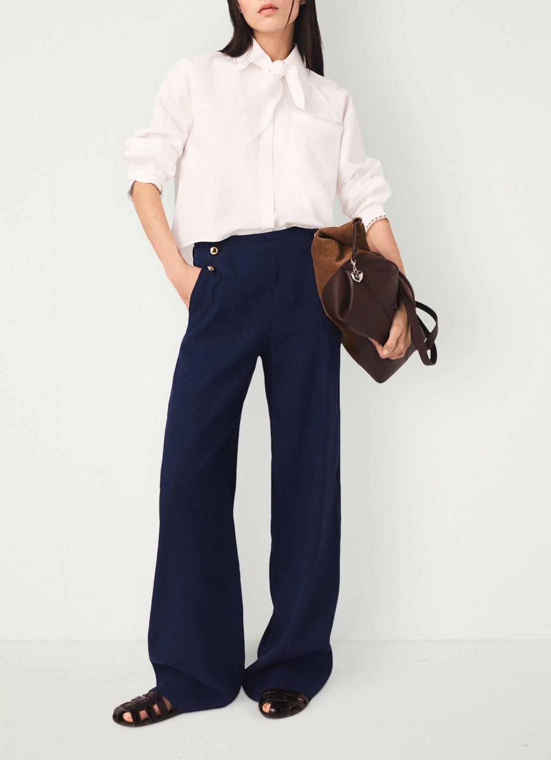 Maje Palin high waist loose fit pantalon in linnenblend - detail 3 donkerblauw
