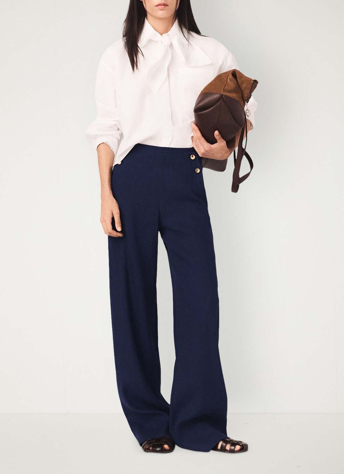 Maje Palin high waist loose fit pantalon in linnenblend - voorkant 6 donkerblauw