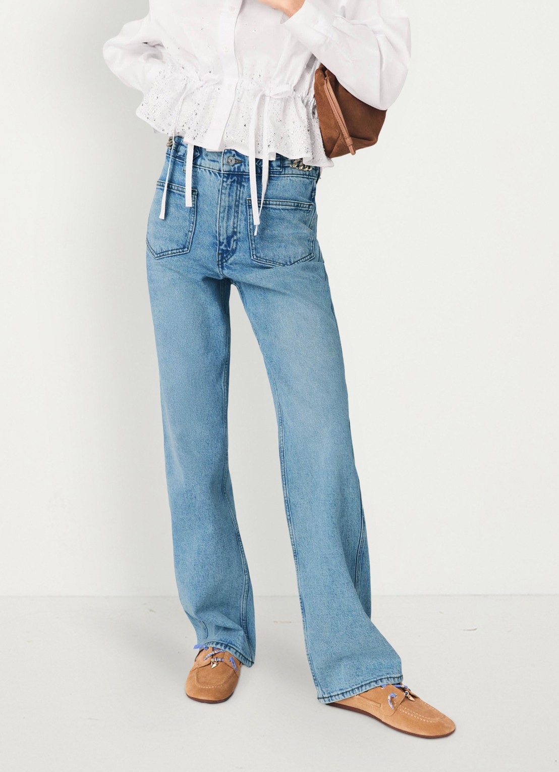 Maje Pantro high waist straight leg jeans met lichte wassing - detail 4 donkerblauw