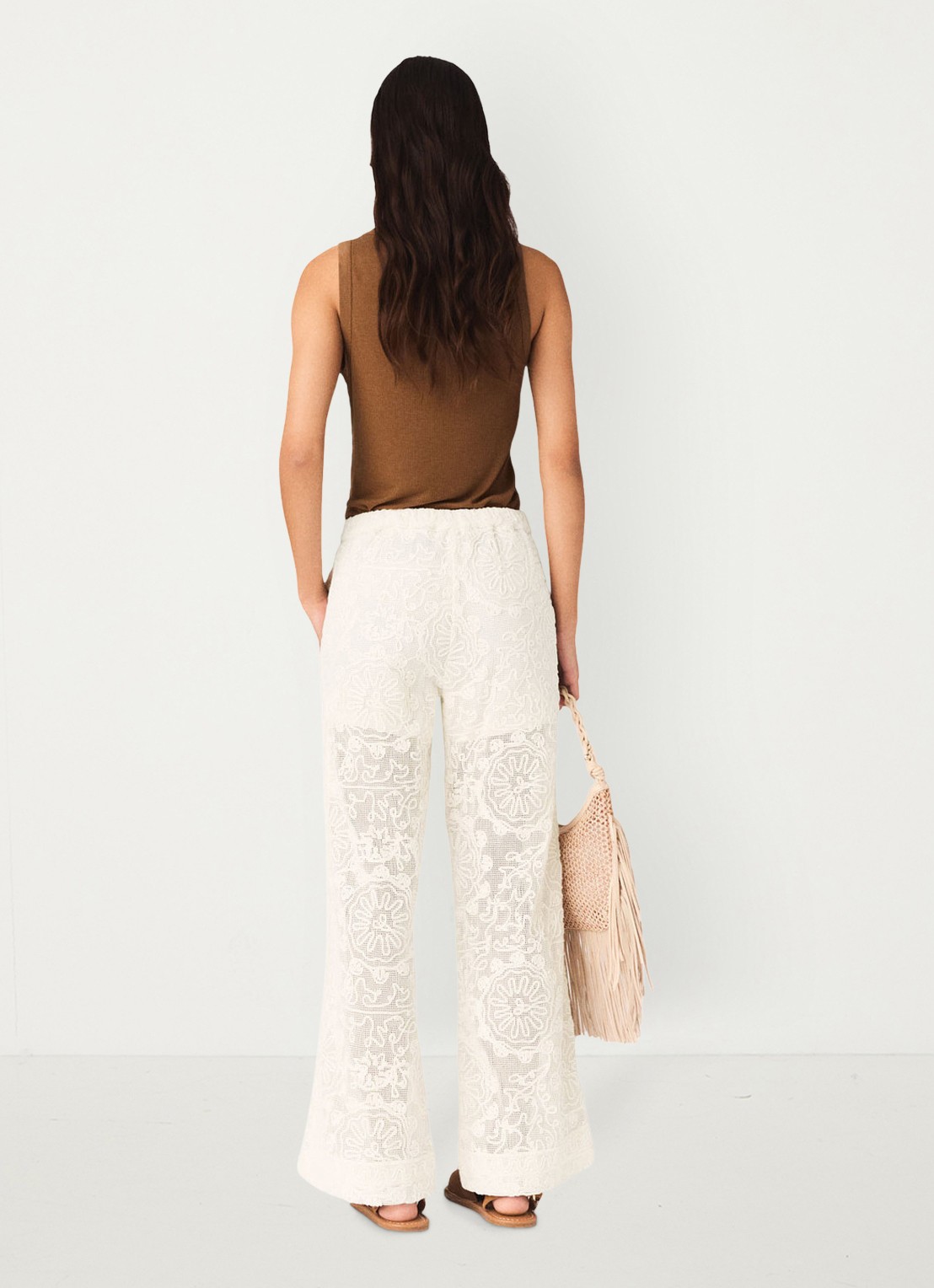 Maje Paros high waist wide fit pantalon met borduring - achterkant 8 beige