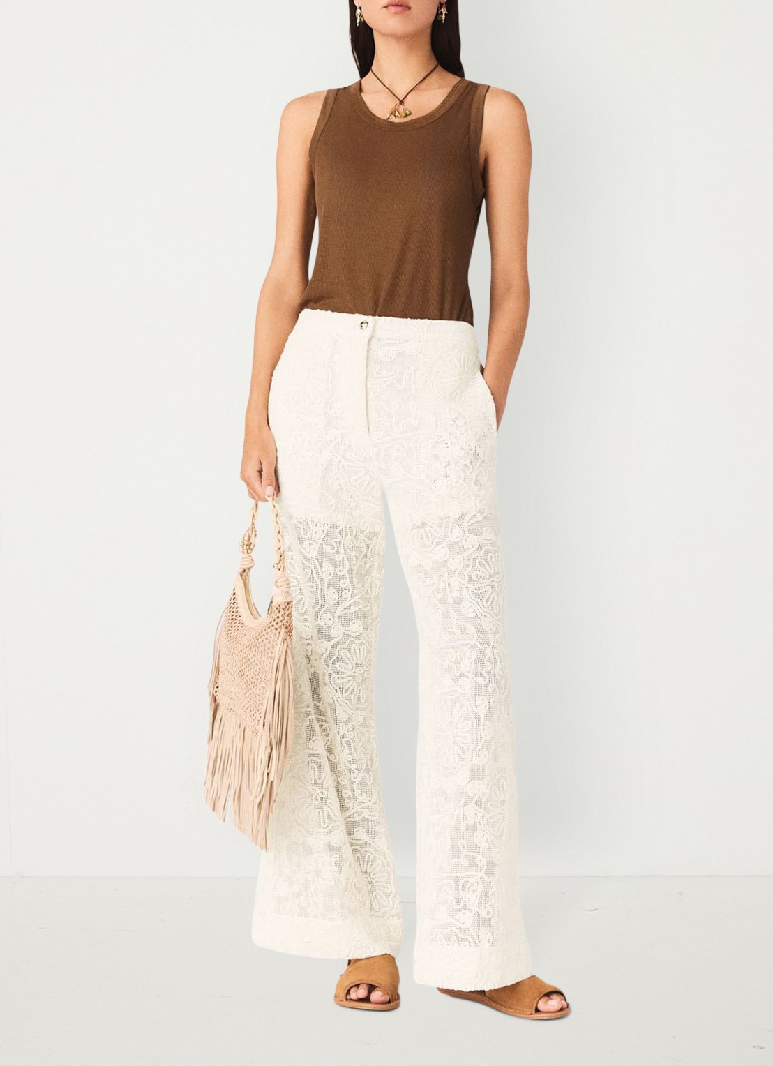 Maje Paros high waist wide fit pantalon met borduring - detail beige