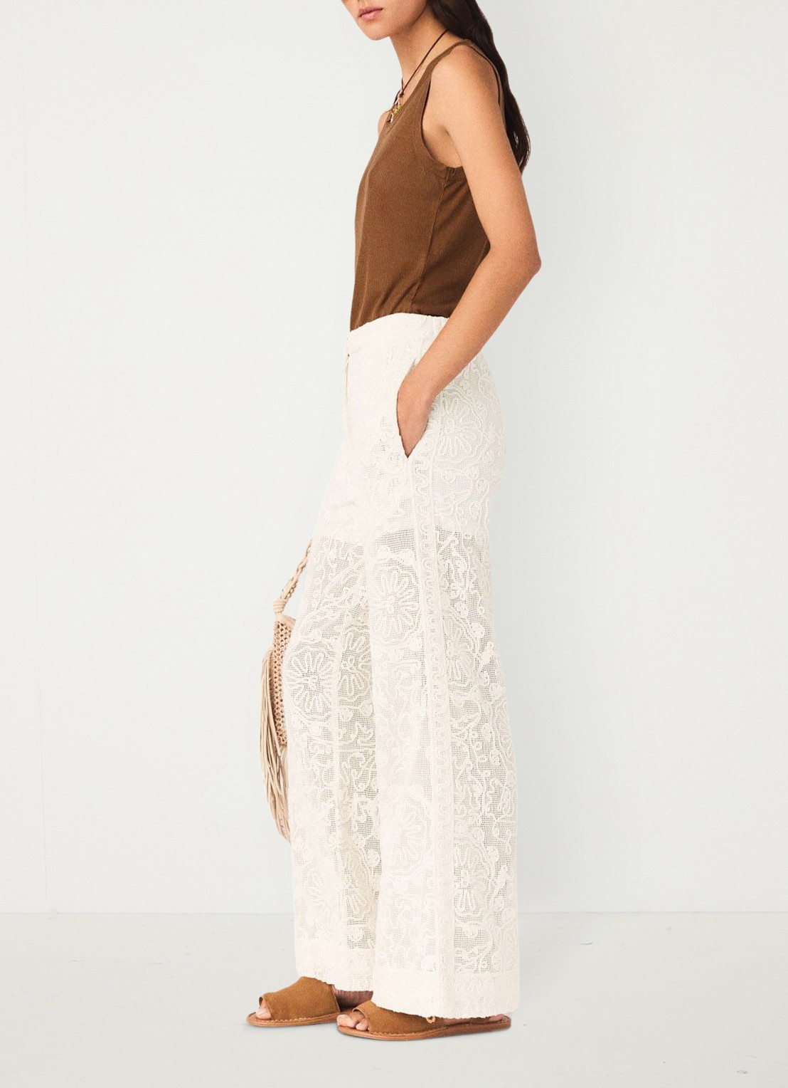 Maje Paros high waist wide fit pantalon met borduring - detail 2 beige