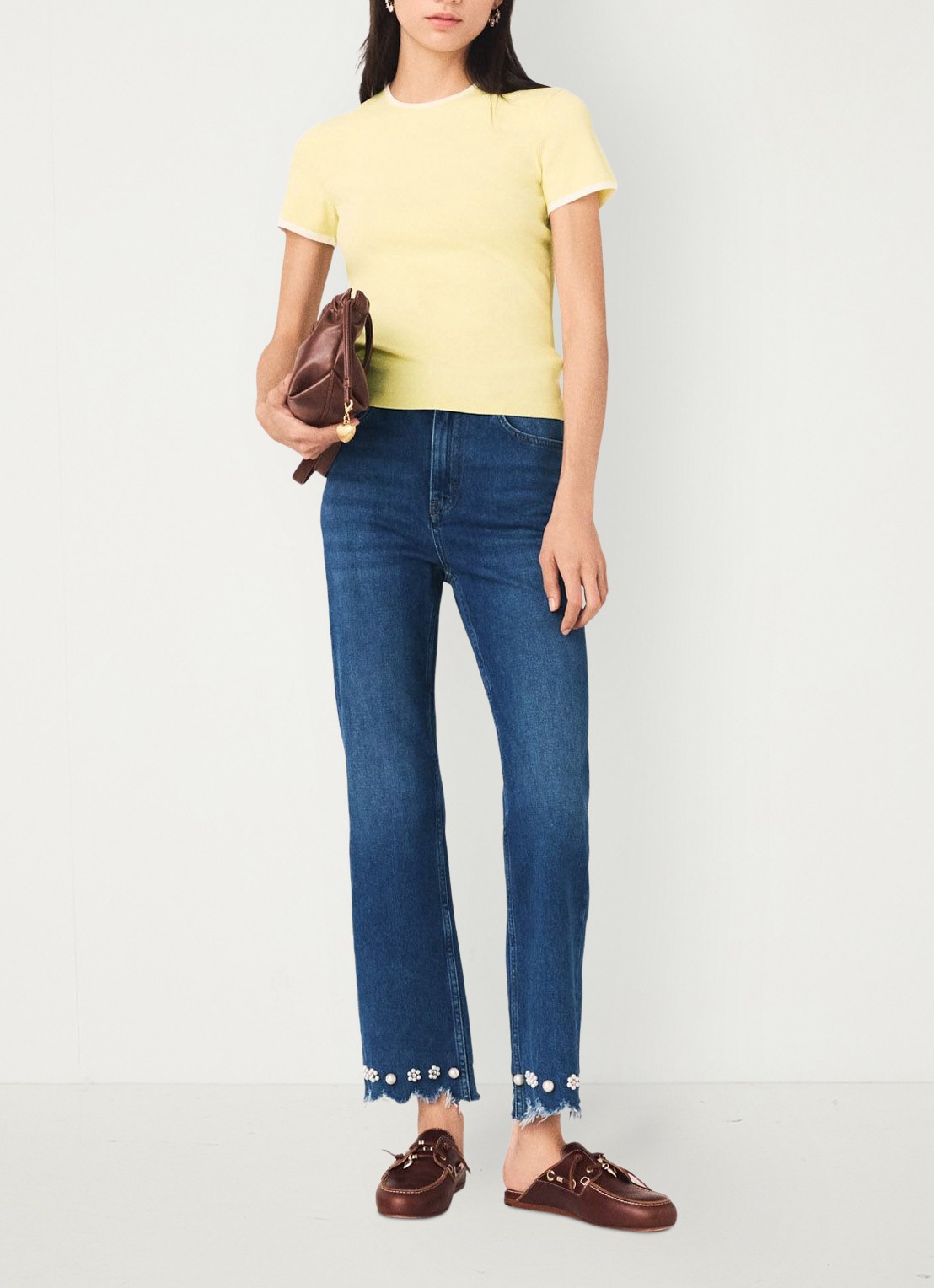 Maje Passionpearl straight fit jeans met kralendecoratie - voorkant donkerblauw
