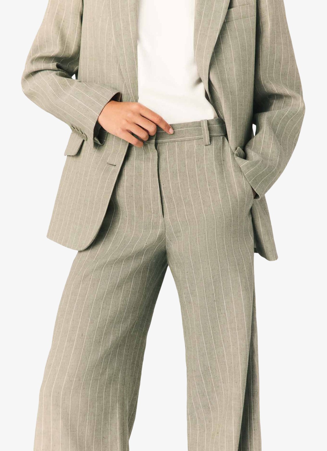 Maje Pilimousse high waist wide fit pantalon met streepprint - detail 4 legergroen