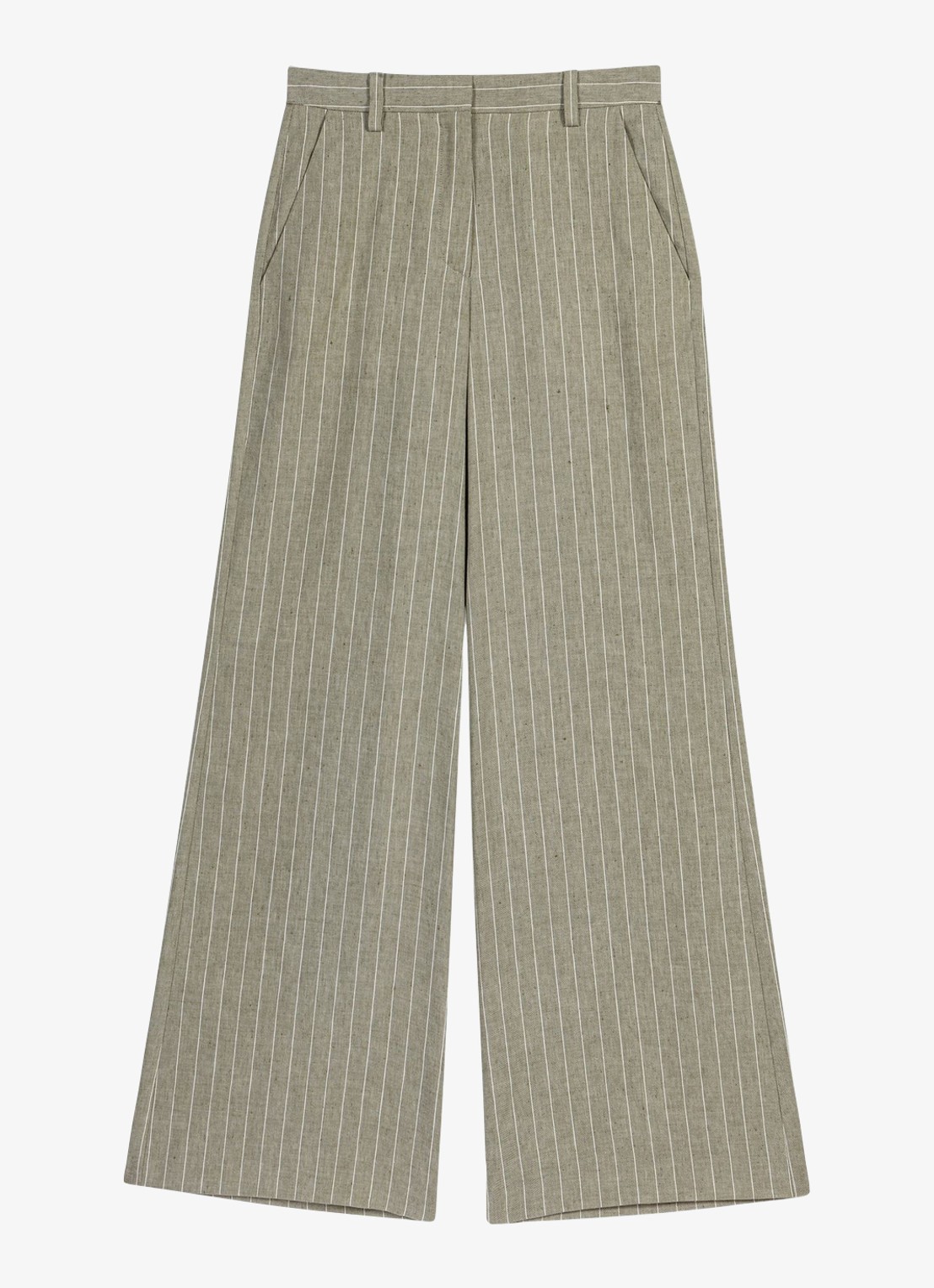 Maje Pilimousse high waist wide fit pantalon met streepprint - voorkant 5 legergroen