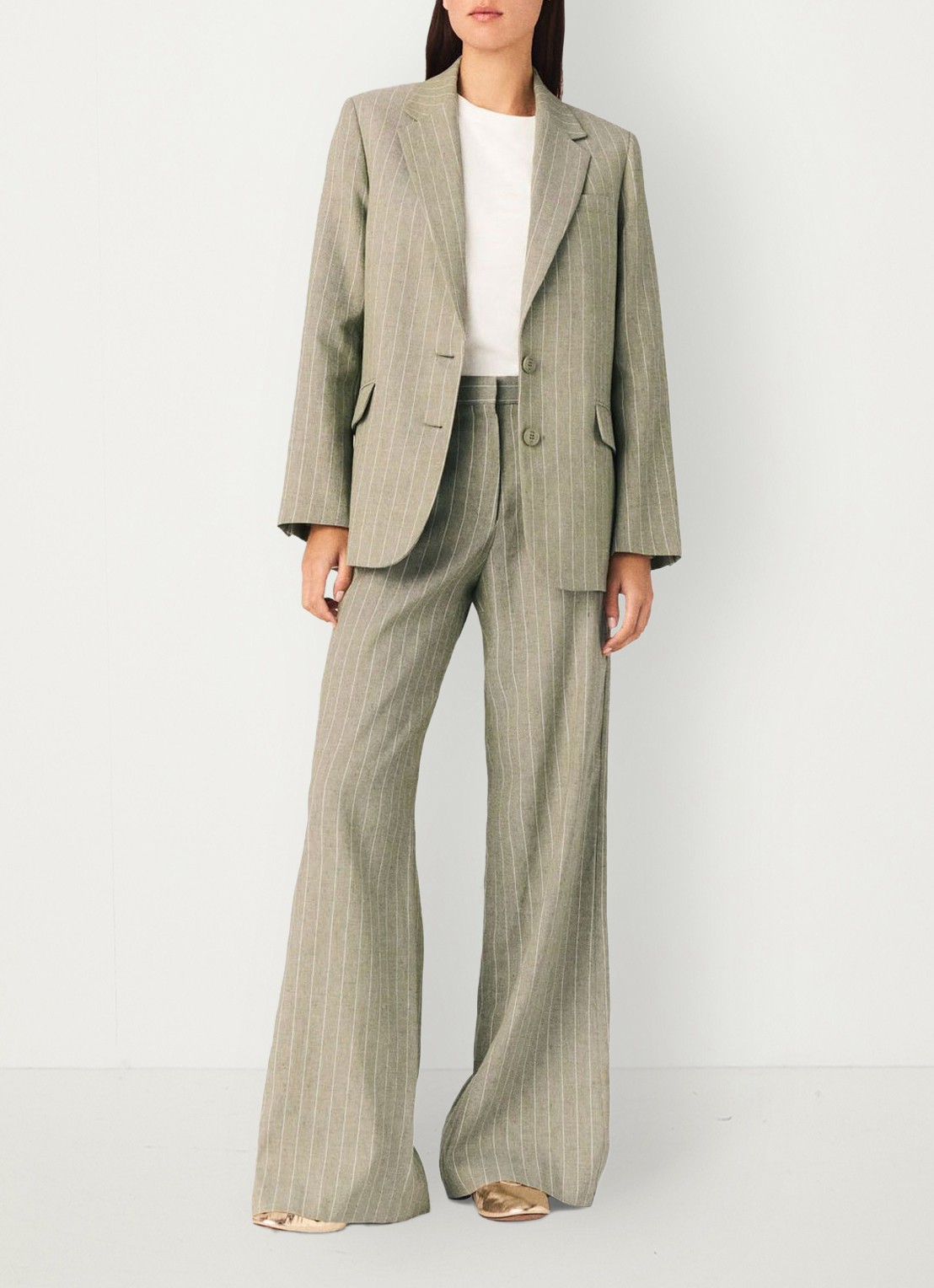 Maje Pilimousse high waist wide fit pantalon met streepprint - voorkant 6 legergroen