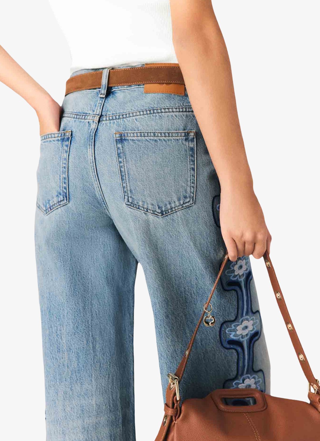 Maje Pintbrode high waist loose fit jeans met broduring - detail 4 indigo