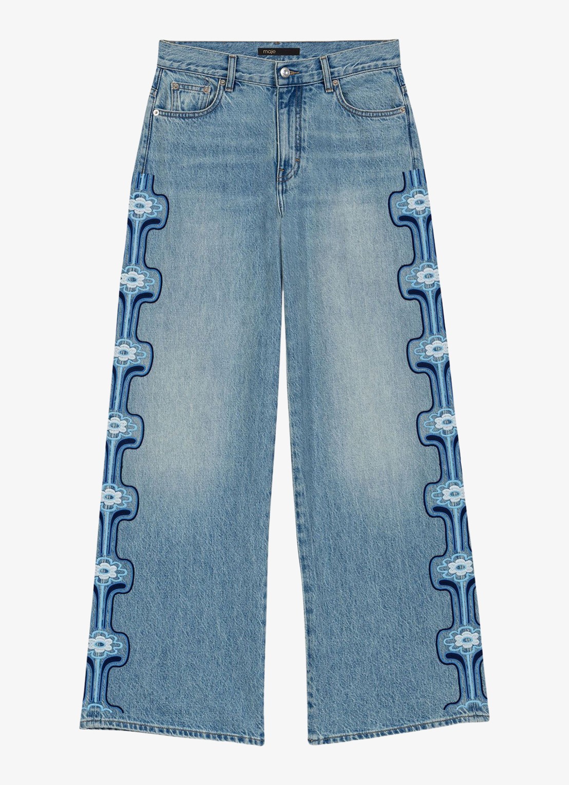 Maje Pintbrode high waist loose fit jeans met broduring - voorkant 5 indigo