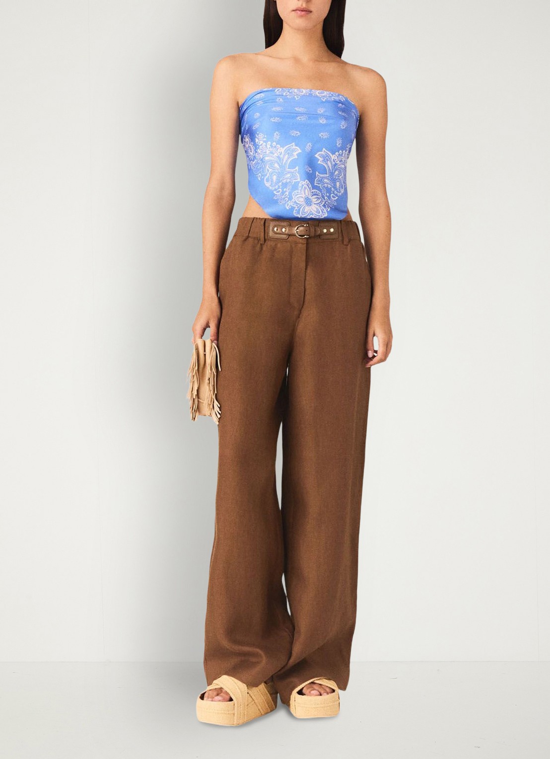 Maje Piumacao high waist loose fit pantalon met ceintuur - voorkant 2 bruin