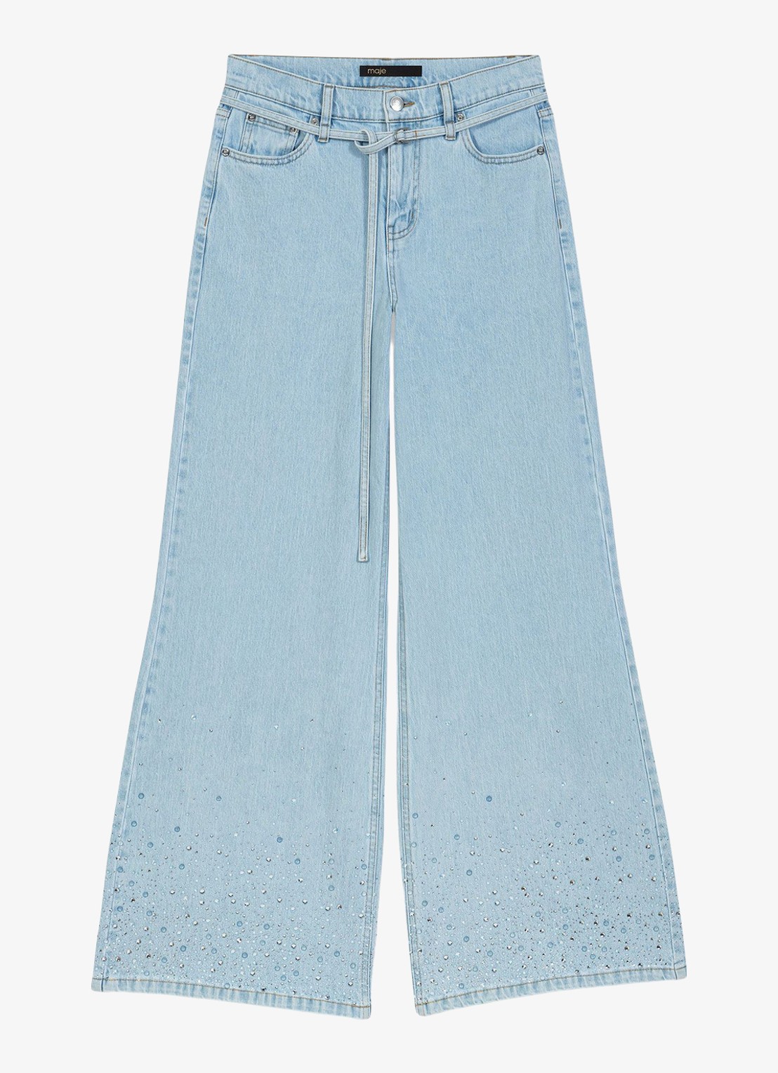Maje Pyrosa wide leg jeans met strass  - voorkant indigo