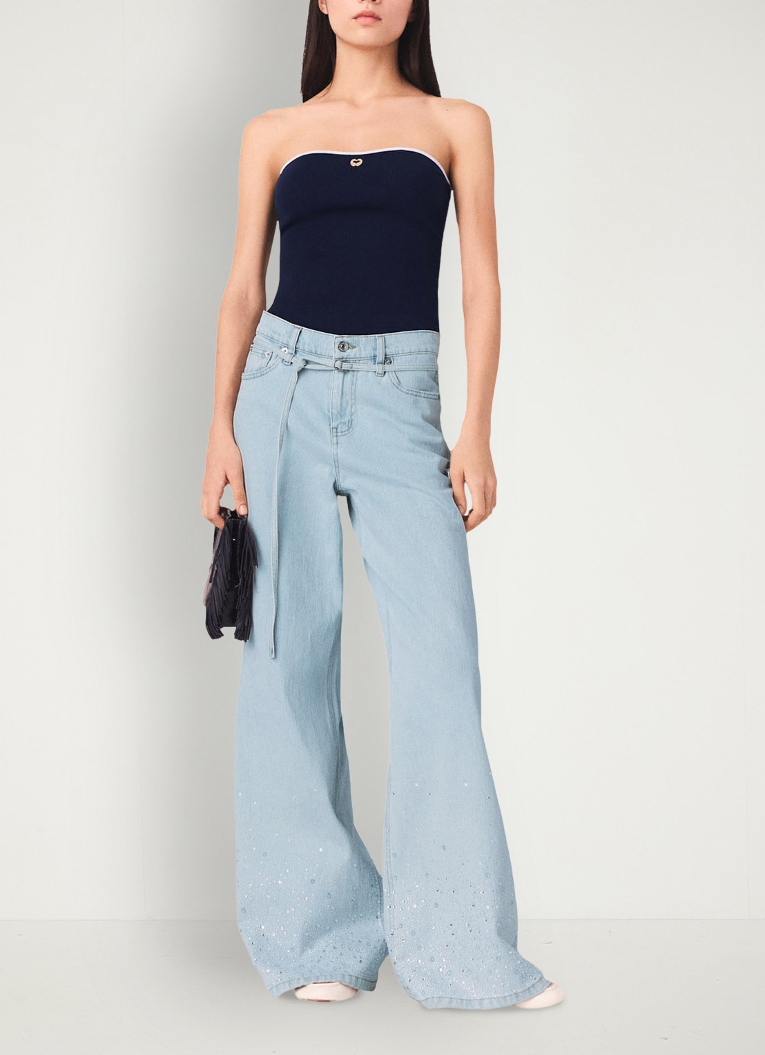 Maje Pyrosa wide leg jeans met strass  - voorkant 2 indigo