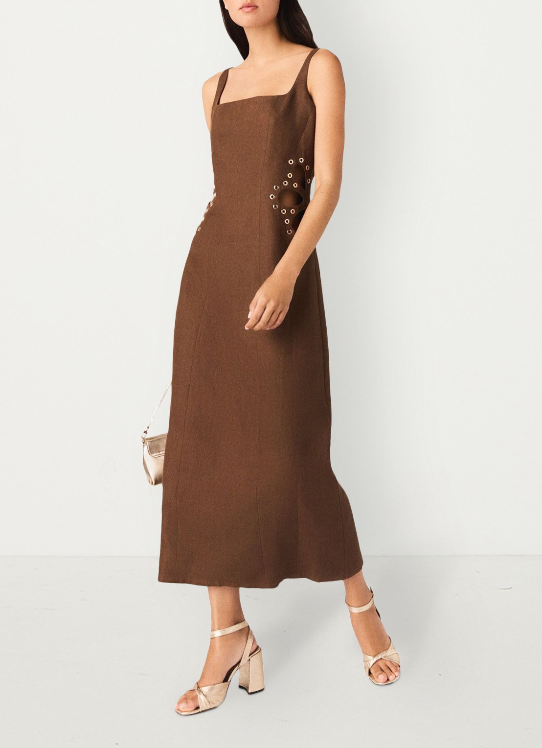 Maje Racao midi jurk van linnen met cut-out detail  - detail 4 bruin