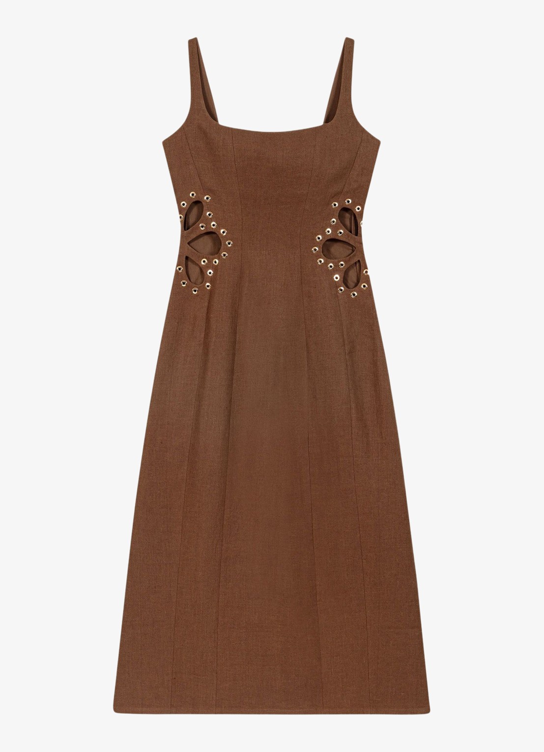 Maje Racao midi jurk van linnen met cut-out detail  - voorkant 2 bruin