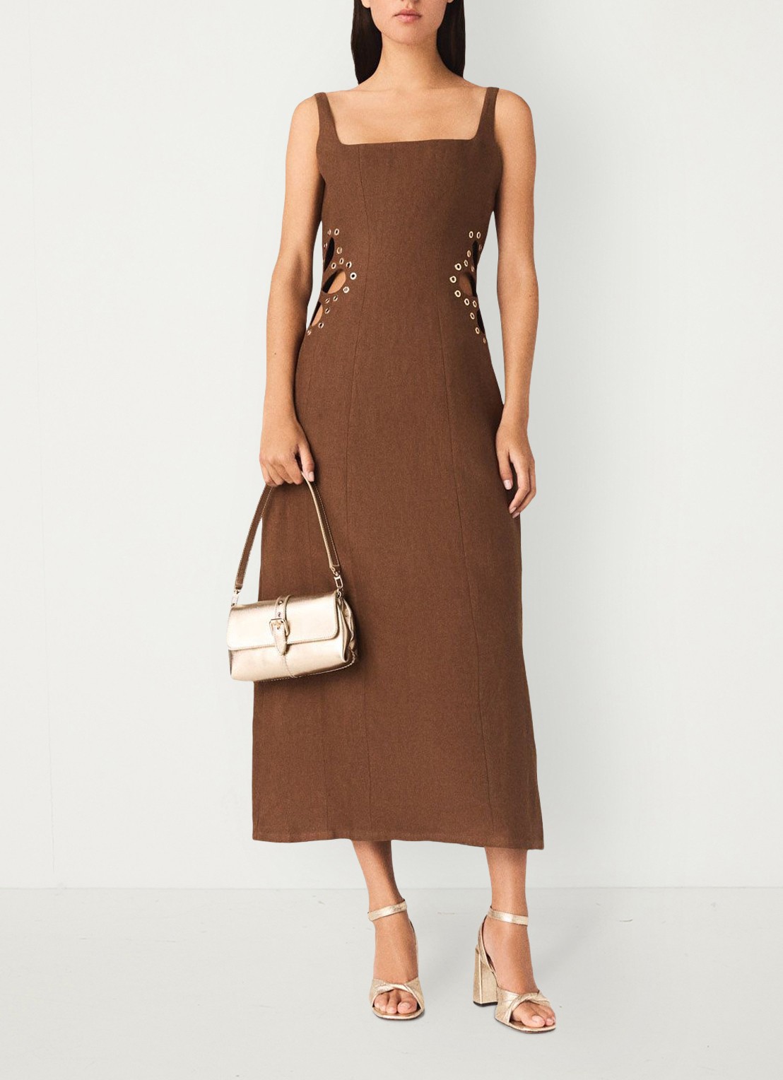 Maje Racao midi jurk van linnen met cut-out detail  - voorkant 3 bruin