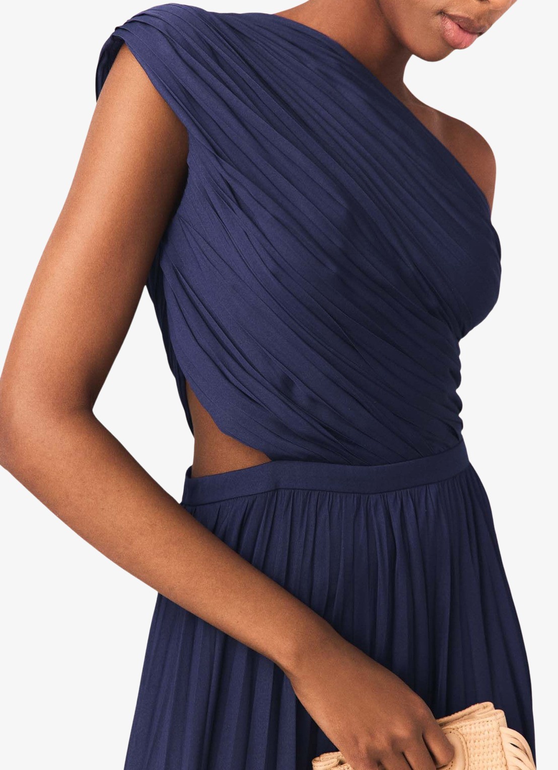 Maje Revi maxi one shoulder jurk met plooien en cut-out detail - detail 7 donkerblauw