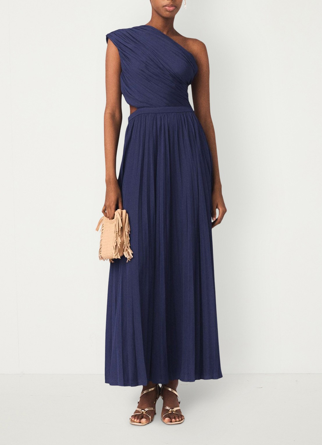 Maje Revi maxi one shoulder jurk met plooien en cut-out detail - voorkant 3 donkerblauw