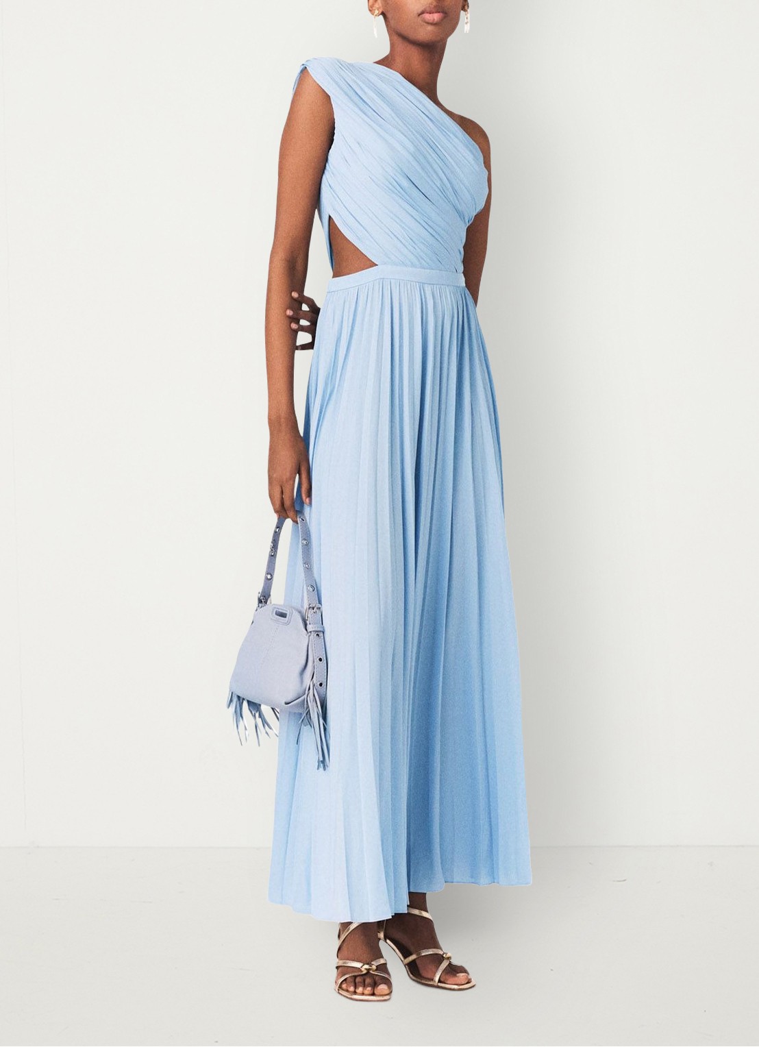 Maje Revi maxi one shoulder jurk met plooien en cut-out detail - voorkant 7 blauw
