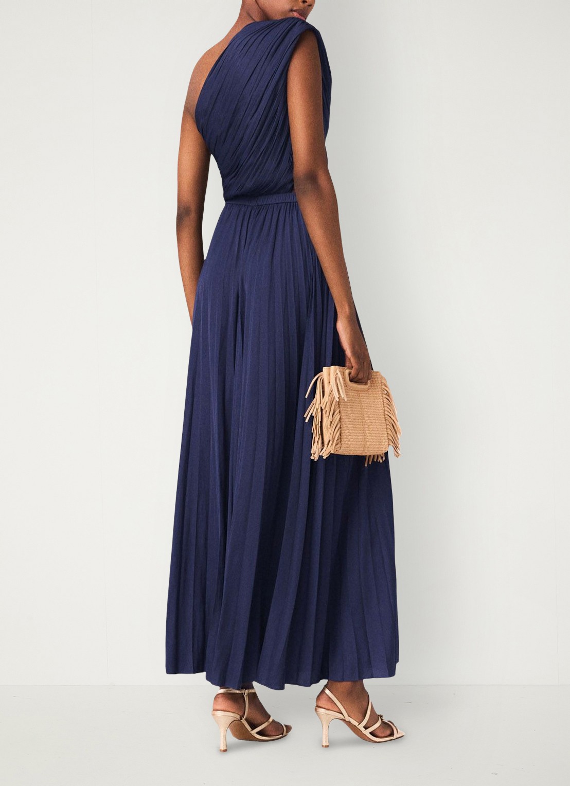 Maje Revi maxi one shoulder jurk met plooien en cut-out detail - achterkant 2 donkerblauw