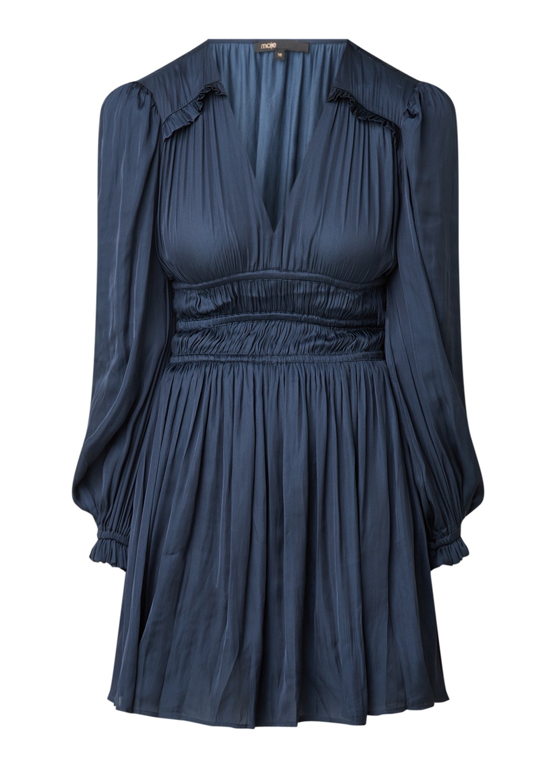 Maje Rianne mini jurk van satijn met ruches en smockwerk - voorkant 3 donkerblauw