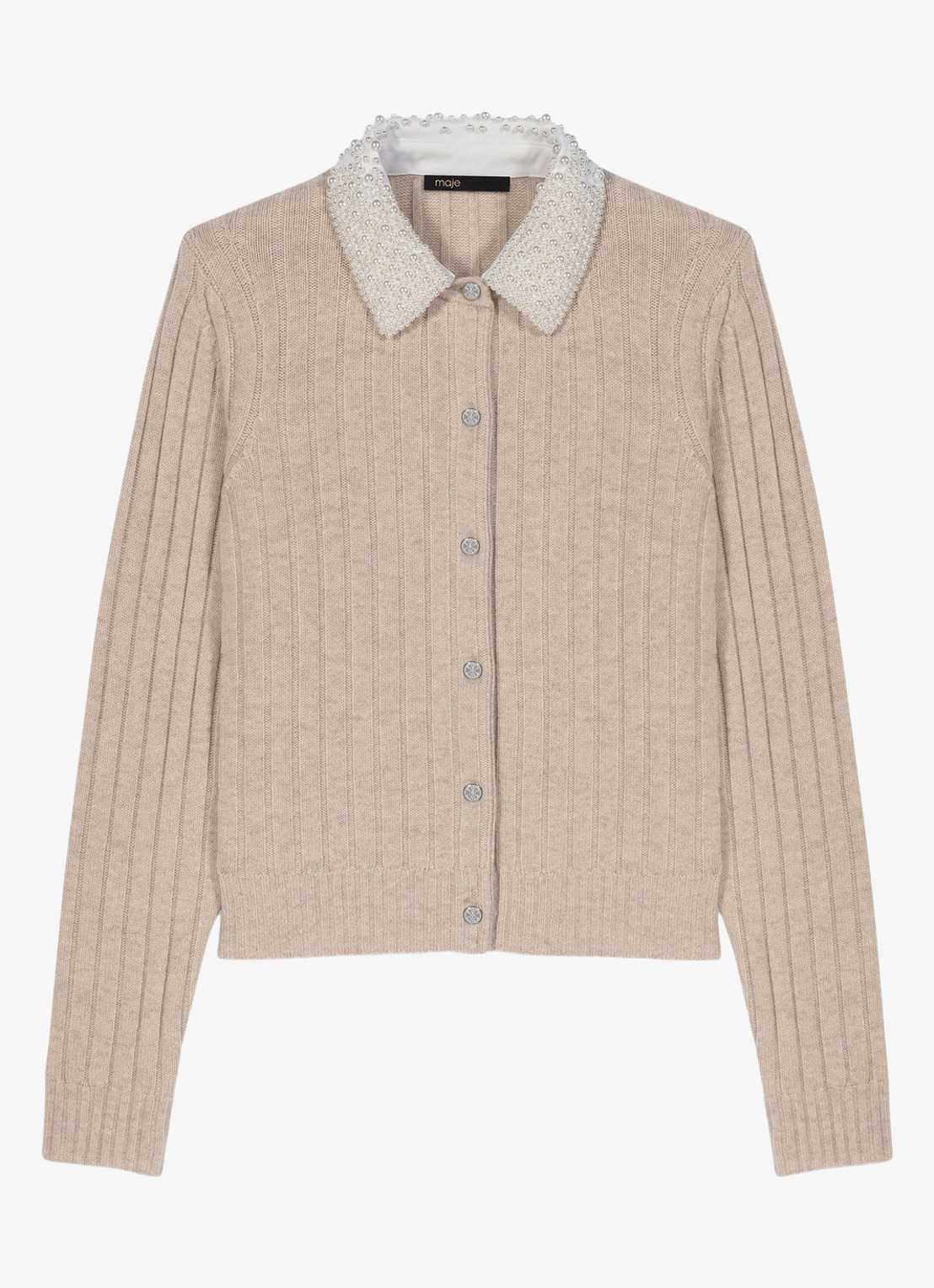 Maje Ribgebreid vest in wolblend met afneembare kraag - voorkant 2 beige