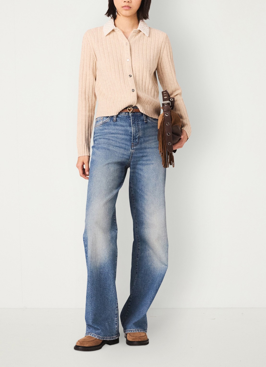 Maje Ribgebreid vest in wolblend met afneembare kraag - voorkant 3 beige