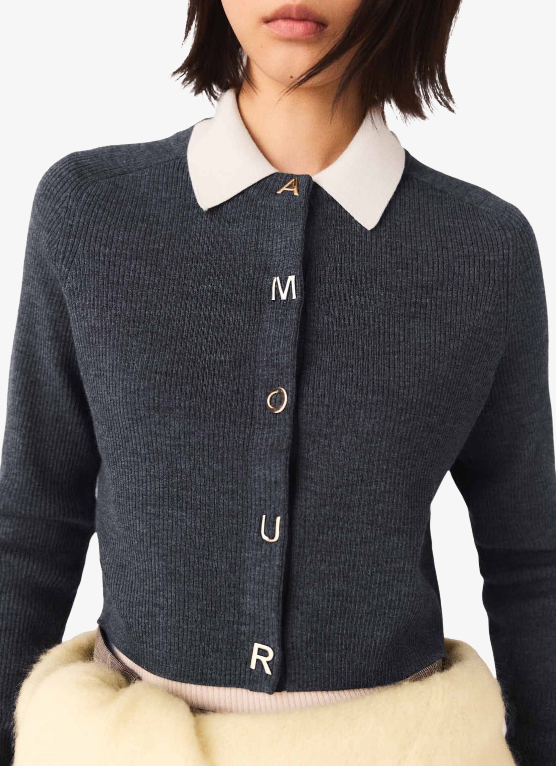 Maje Ribgebreid vest van wol - detail 4 grijs