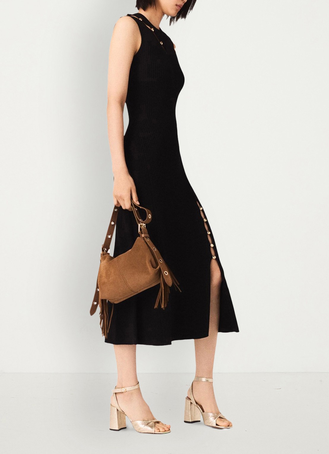 Maje Ribgebreide midi jurk met cut-out detail - detail 4 zwart