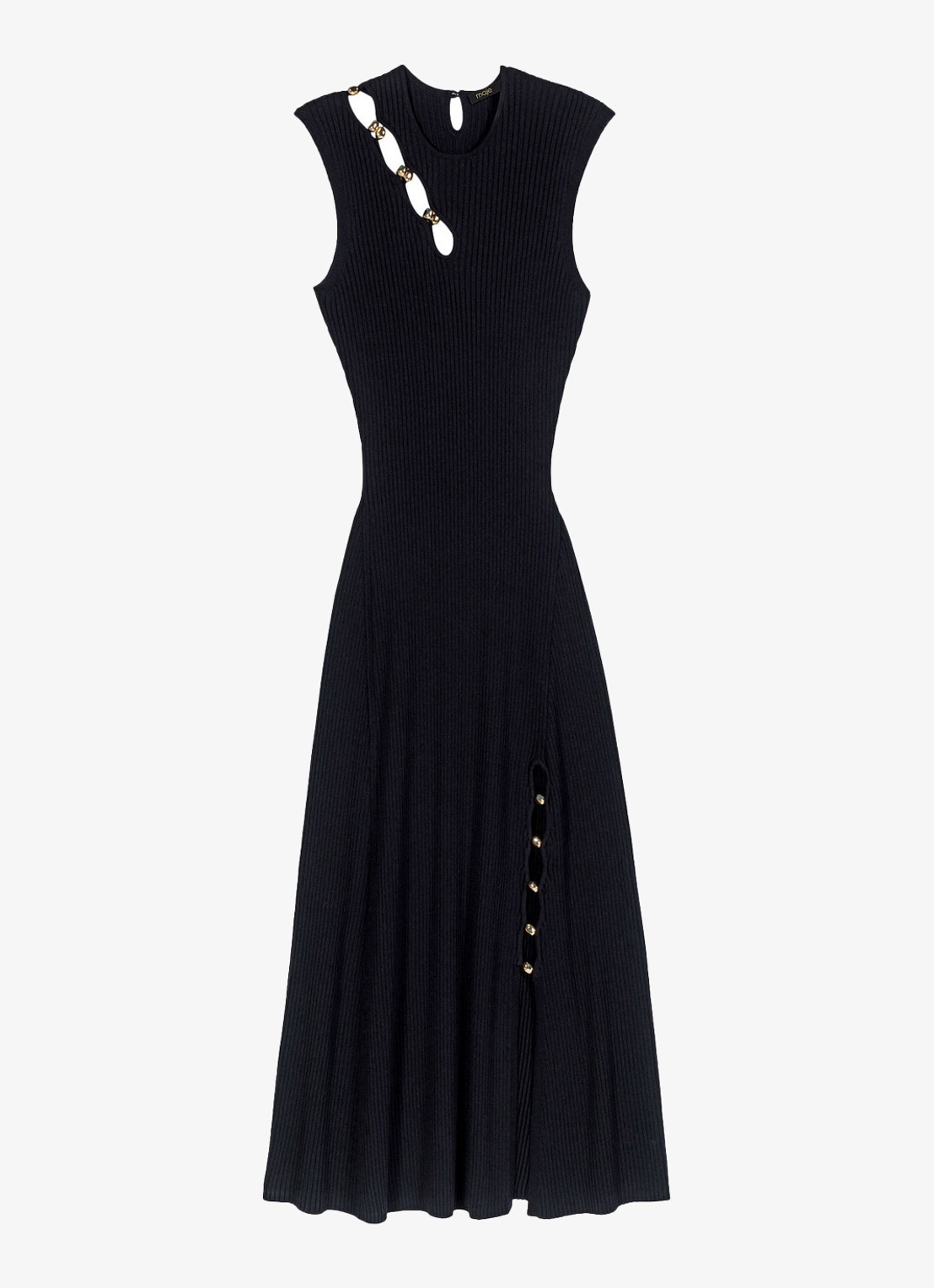 Maje Ribgebreide midi jurk met cut-out detail - voorkant zwart