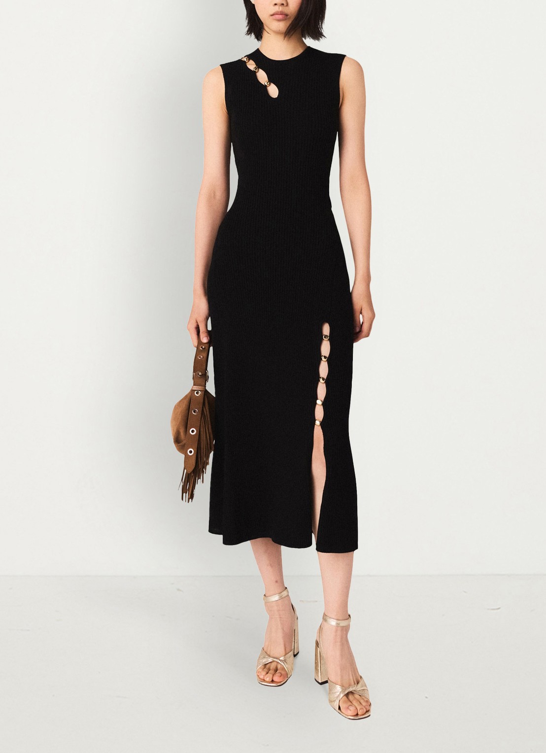 Maje Ribgebreide midi jurk met cut-out detail - voorkant 2 zwart