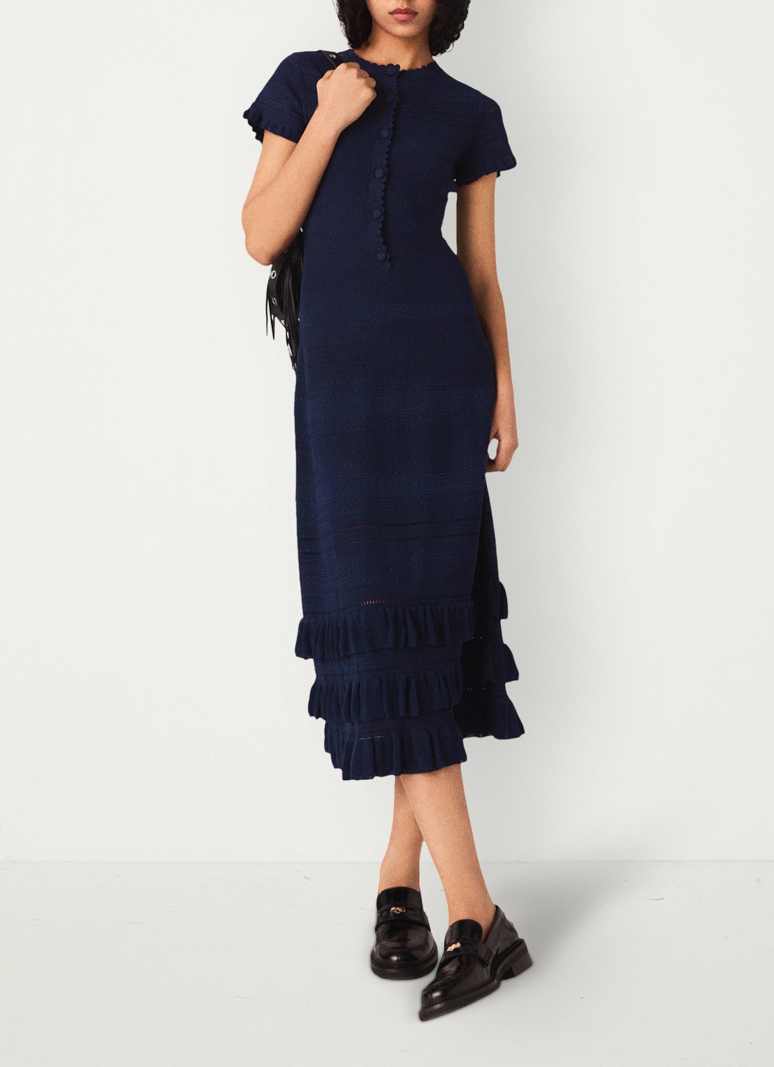 Maje Ribgebreide midi tuniekjurk met ruches - detail 6 donkerblauw