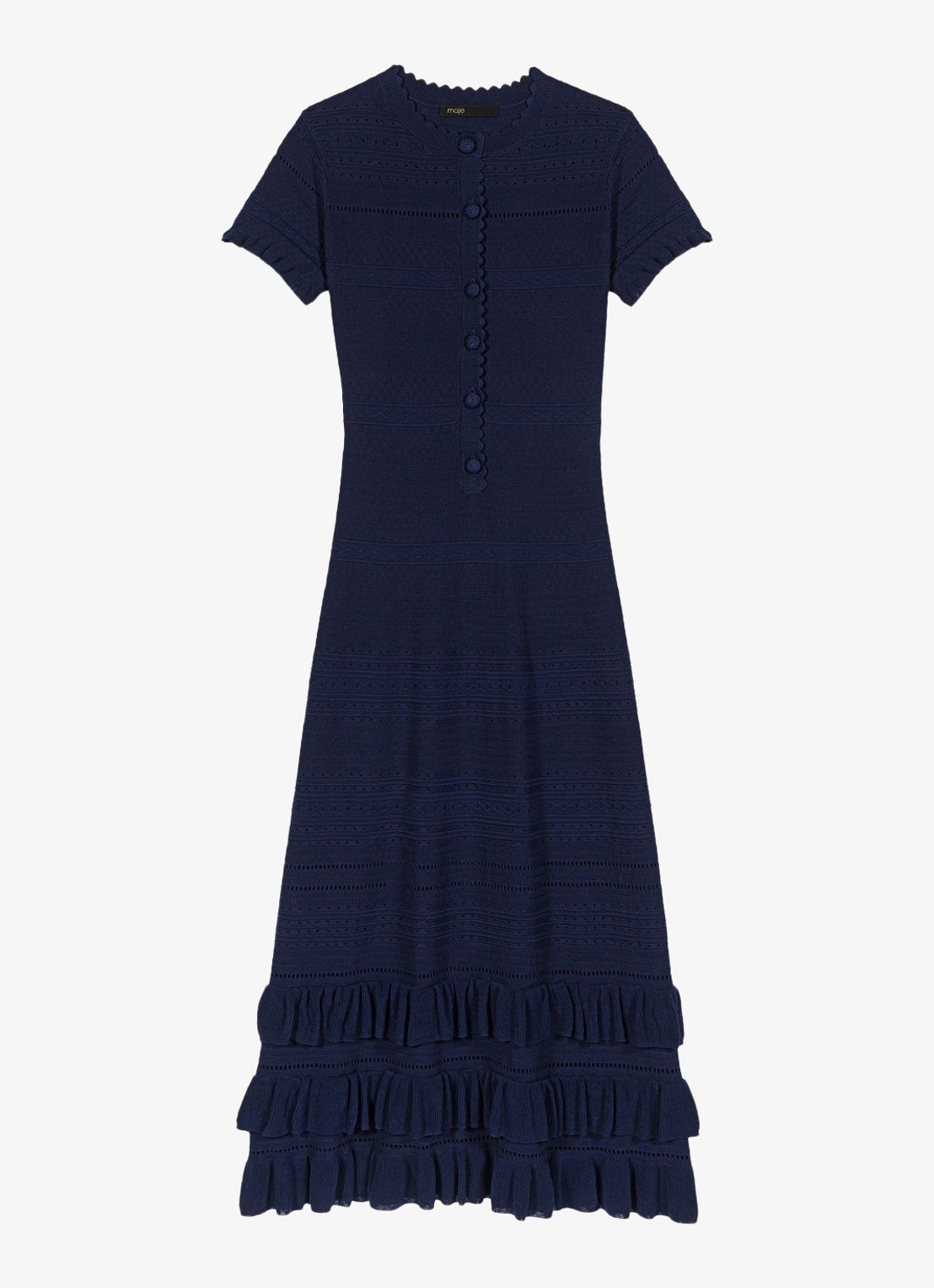 Maje Ribgebreide midi tuniekjurk met ruches - voorkant donkerblauw