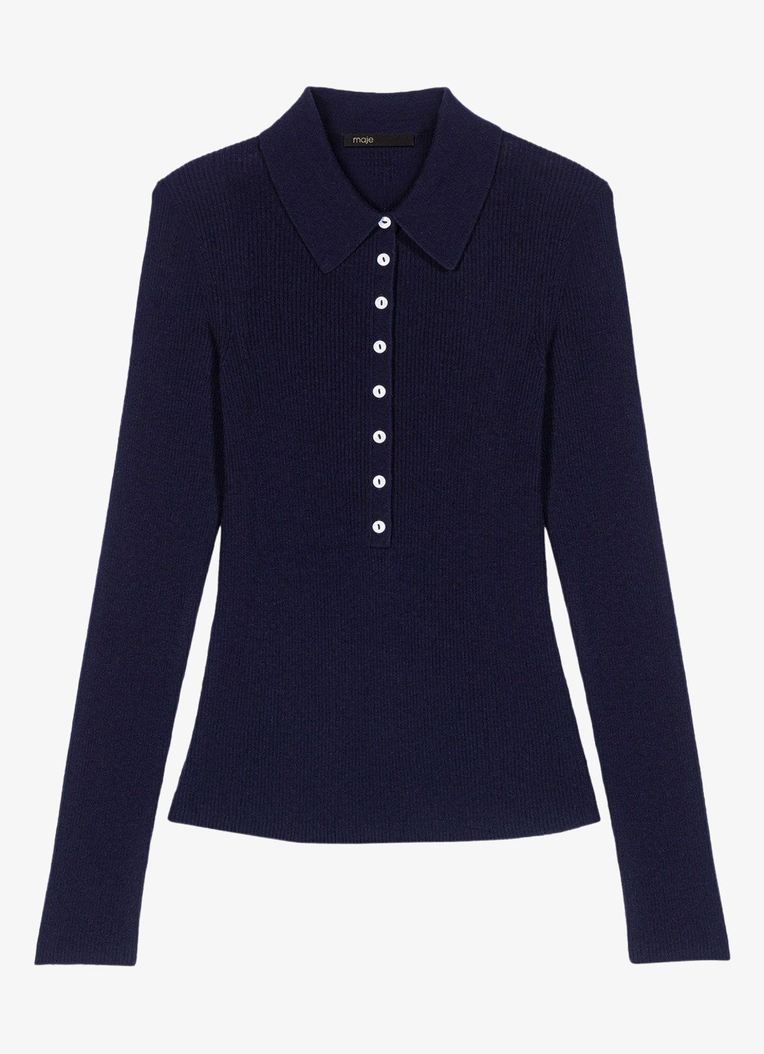 Maje Ribgebreide polo in wolblend - voorkant 2 donkerblauw