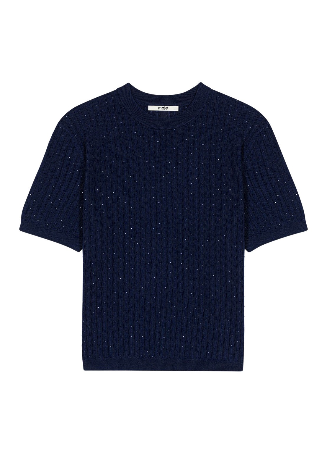 Maje Ribgebreide pullover in wolblend met strass - voorkant donkerblauw