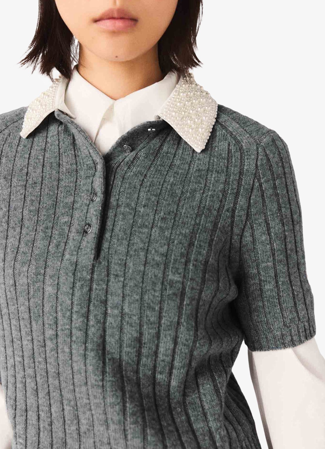 Maje Ribgebreide top in wolblend met afneembare kraag - detail 5 grijs