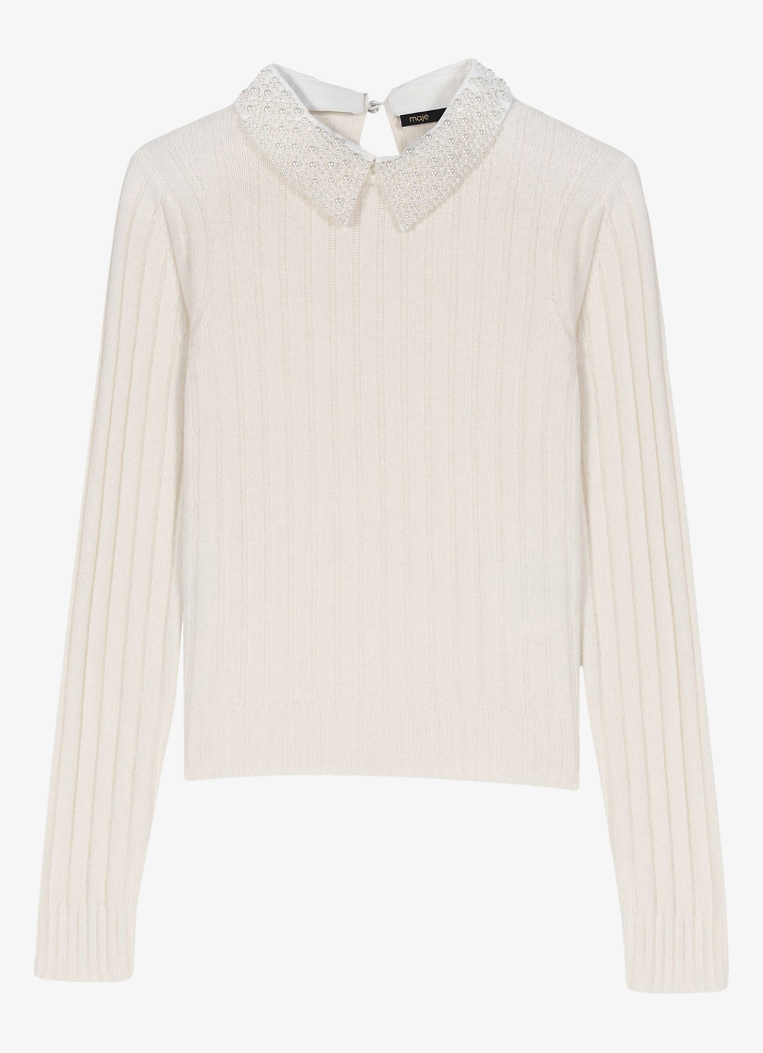 Maje Ribgebreide trui in wolblend - voorkant beige