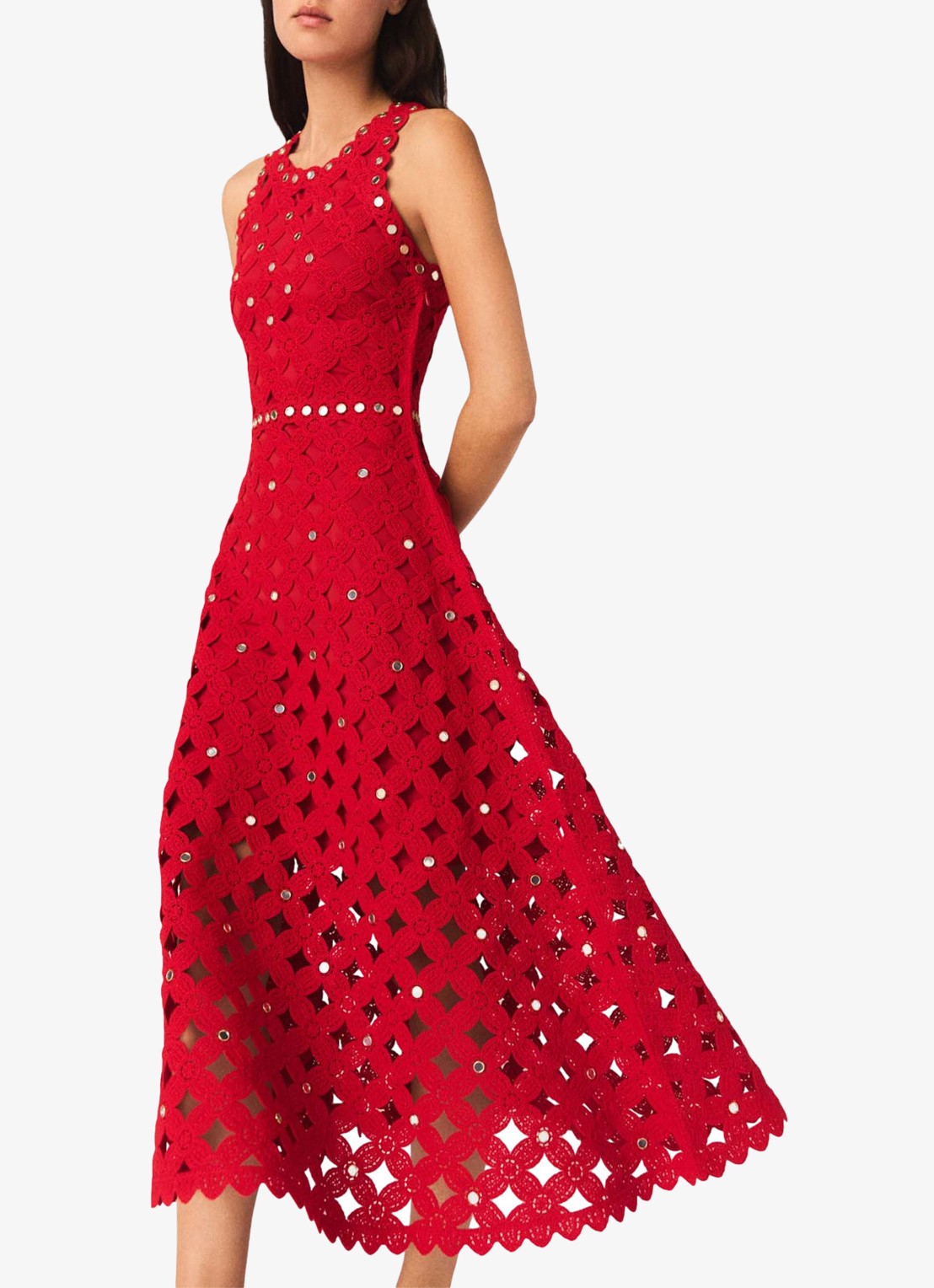 Maje Rimi midi jurk met opengewerkt dessin - detail rood