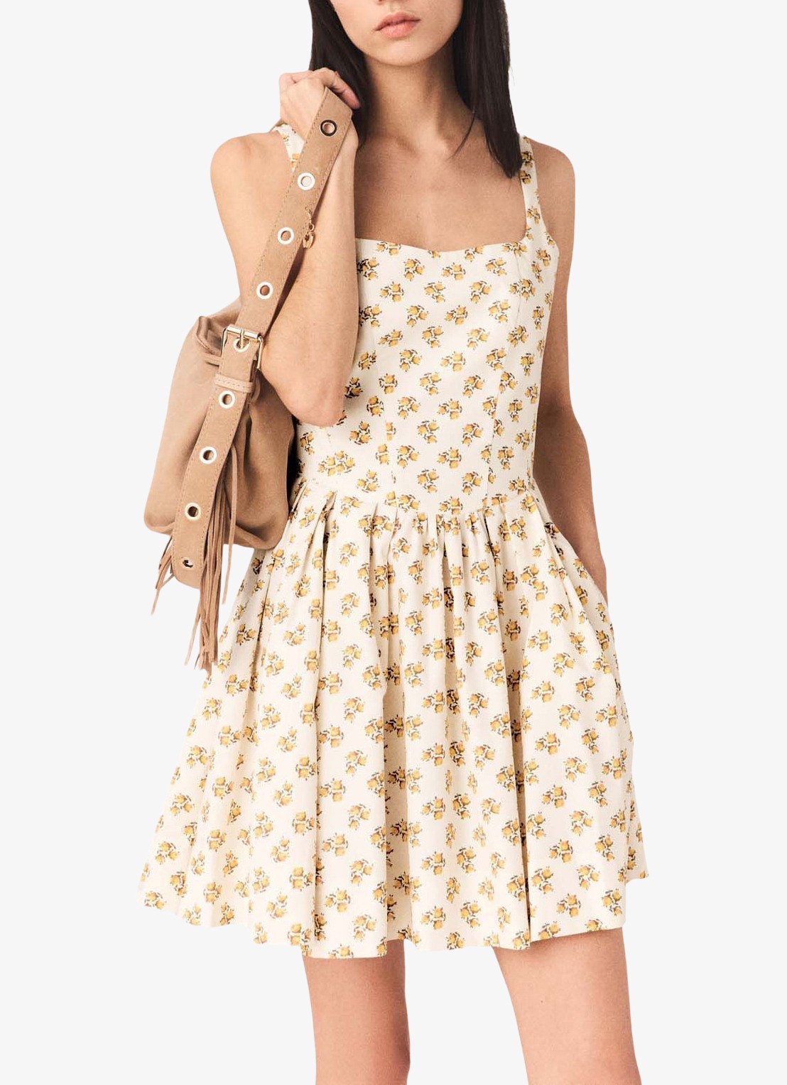 Maje Robolera mini jurk met print en plooien - detail 2 geel