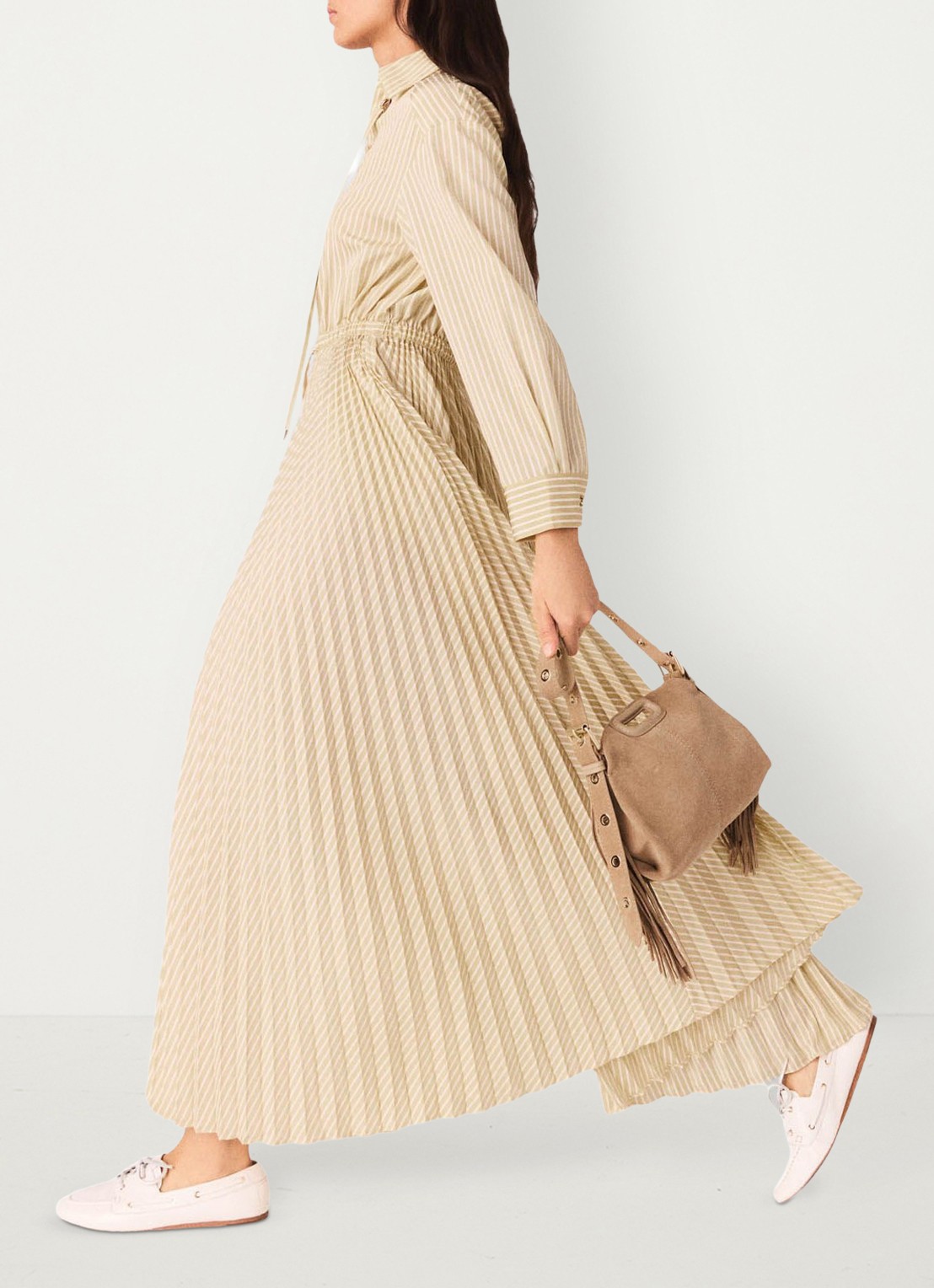 Maje Rossima maxi jurk met plooien en streepprint - detail 2 geel